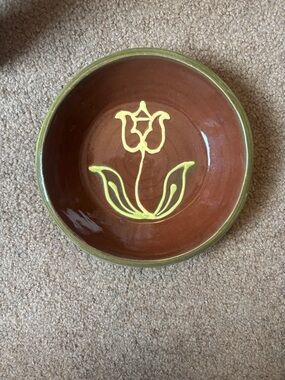 Handmade Brown Ceramic Bowl with Yellow Tulip Motif